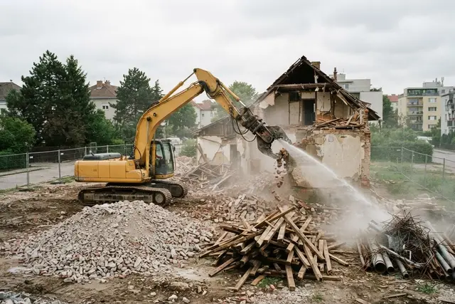 Abbruch Haus Wien: Bagger beim Rückbau eines alten Einfamilienhauses