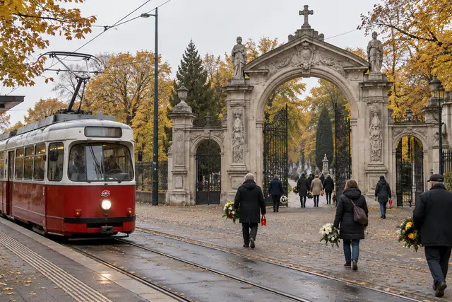 Allerheiligen in Wien: Straßenbahn vor einem Friedhofstor, Besucher mit Blumen und Grablichtern