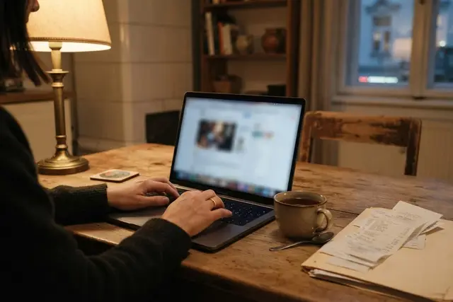 Arbeitnehmerveranlagung: Hände am Laptop mit Belegen auf dem Küchentisch in Wien