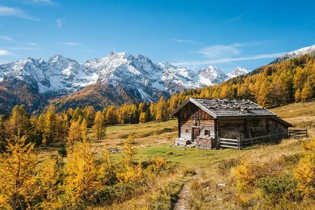 Ausflugsziele Tirol: goldene Lärchen und Almhütte vor verschneiten Gipfeln im Herbst