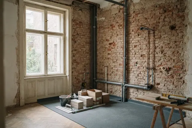 Badsanierung Wien: Badezimmer in einer Altbauwohnung während der Sanierung mit neuen Leitungen