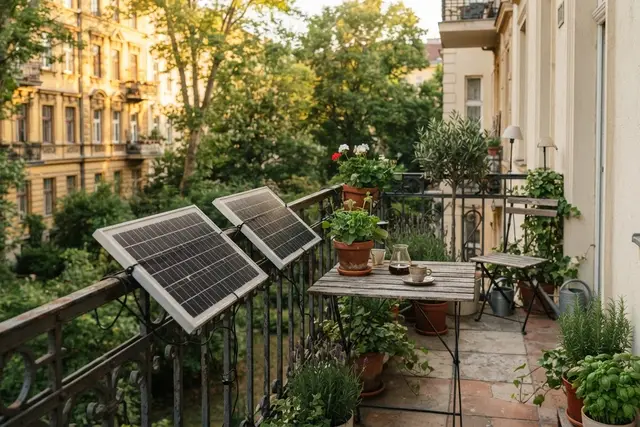 Balkonkraftwerk in Österreich: Zwei Solarmodule am Balkongeländer eines Wiener Wohnhauses