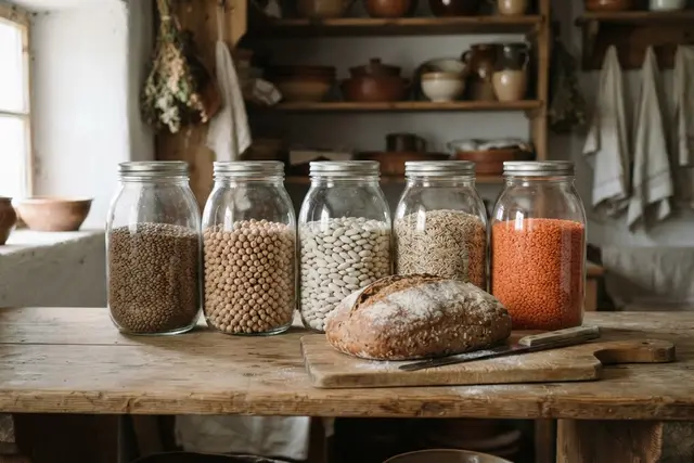 Ballaststoffe: Gläser mit Linsen, Kichererbsen und Haferflocken neben Vollkornbrot