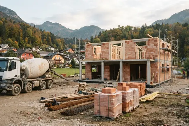 Baustelle eines Wohnhauses im Herbst als Symbolbild für steigende Baukosten 2026