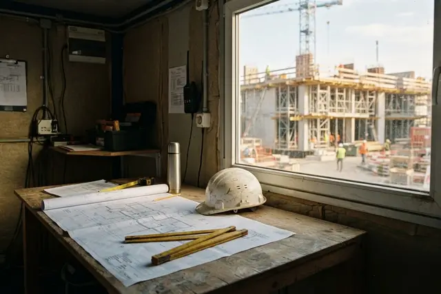 Baumeister Wien: Baupläne und Helm im Baucontainer einer Wiener Baustelle