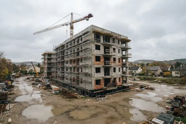 Stillstehende Wohnbau-Baustelle als Symbol für die schrumpfende Bauwirtschaft in Österreich