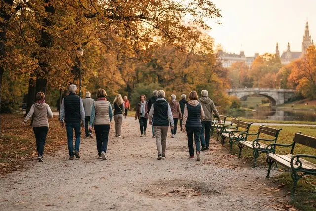 Bewegung in Österreich: Gruppe beim gemeinsamen Gehen im herbstlichen Park