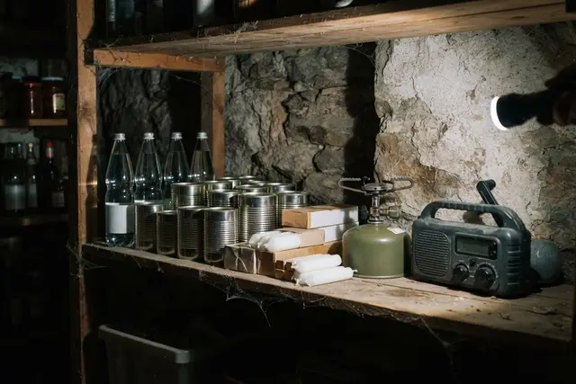 Blackout Vorsorge: Vorratsregal mit Wasser, Konserven und Taschenlampe im Keller