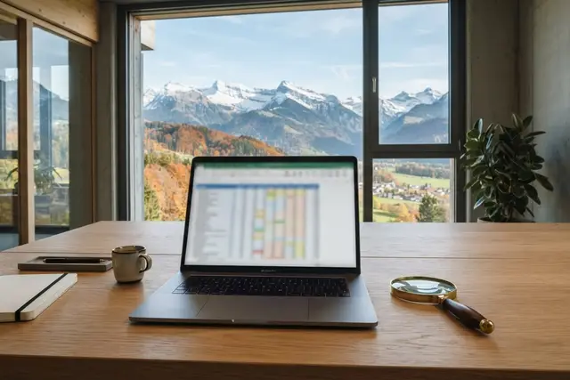 Bonität prüfen: Laptop und Lupe im Büro mit Blick auf die Vorarlberger Berge