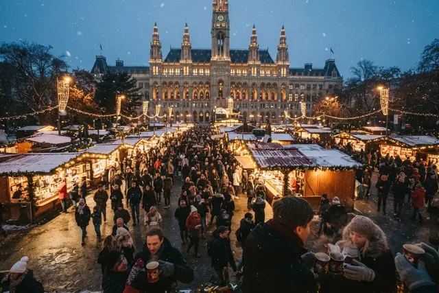 Christkindlmärkte Wien: beleuchteter Adventmarkt mit Holzständen vor dem Rathaus