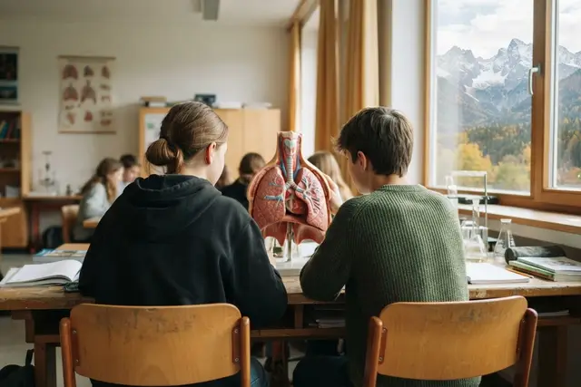 COPD bei Jugendlichen: Schülerinnen betrachten ein Lungenmodell im Klassenzimmer