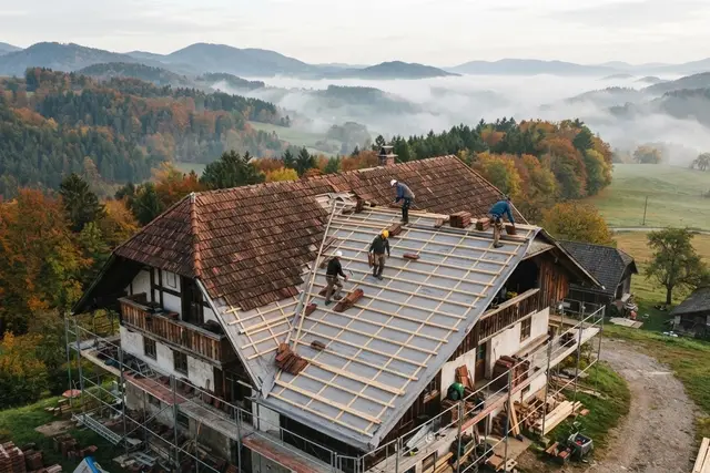 Dachsanierung Steiermark: Neue Lattung und Ziegel auf einem Einfamilienhaus im Herbst