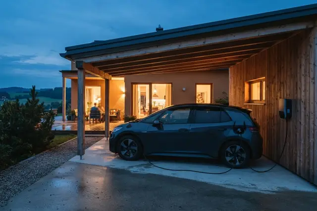 E-Auto laden: Elektroauto an einer Wallbox im Carport eines Einfamilienhauses