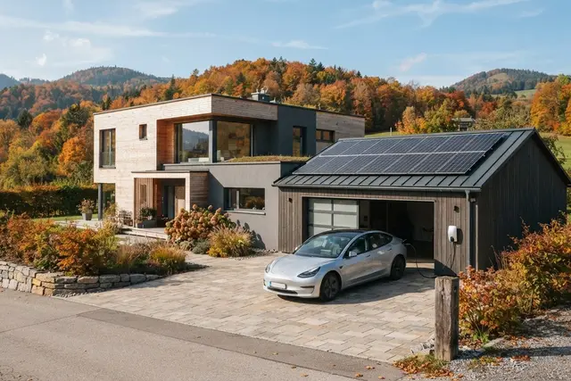 E-Auto mit Solarstrom laden: Elektroauto an der Wallbox vor Garage mit PV-Dach