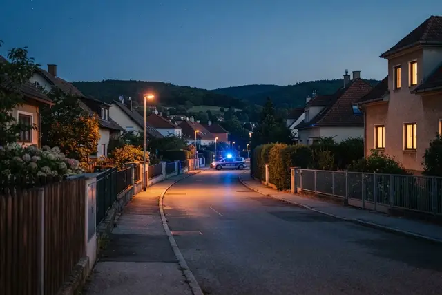 Einbruch Wien-Liesing: Einfamilienhaus-Siedlung in der Dämmerung mit Polizeiauto im Hintergrund