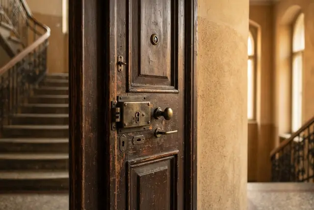 Einbruchschutz Wohnung: massive Wohnungstür mit Sicherheitsschloss im Wiener Altbau