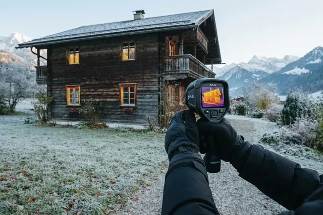 Energieausweis: Wärmebildkamera vor der Fassade eines Hauses in Vorarlberg