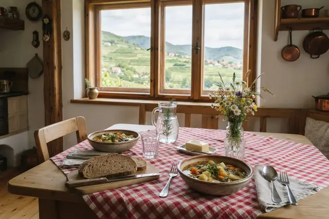 Ernährung im Alter: gedeckter Mittagstisch mit Gemüsesuppe und Wasser in Niederösterreich
