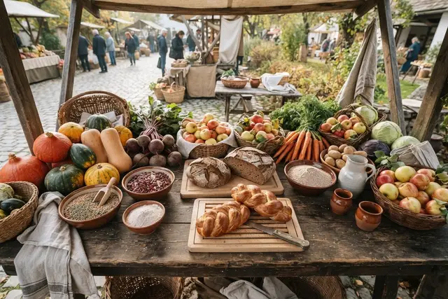Ernährungsempfehlungen Österreich: Gemüse, Obst, Vollkornbrot und Hülsenfrüchte auf einem Markttisch