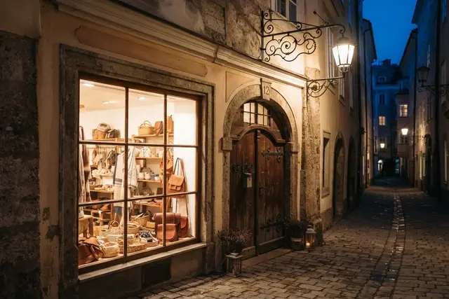 e.U. gründen: kleines Geschäft in einer Altstadtgasse in Salzburg am Abend
