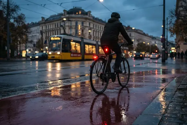 Fahrrad im Winter: Beleuchtetes Rad auf nassem Radweg in Wien bei Dämmerung