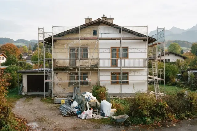 Fassade sanieren: Einfamilienhaus mit Gerüst und neuer Fassadendämmung