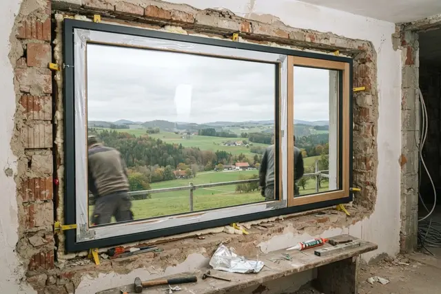 Fenstertausch: Neues Holz-Alu-Fenster wird in Einfamilienhaus in Oberösterreich eingebaut