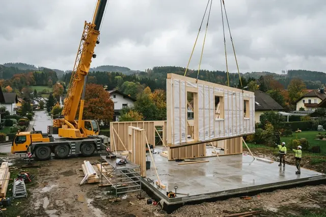 Fertigteilhaus: Vorgefertigtes Wandelement wird per Kran auf die Bodenplatte montiert