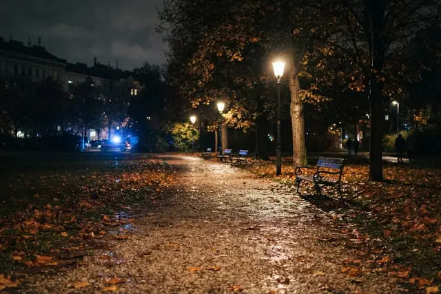 Festnahme Favoriten: nächtlicher Park im 10. Bezirk mit Blaulicht im Hintergrund
