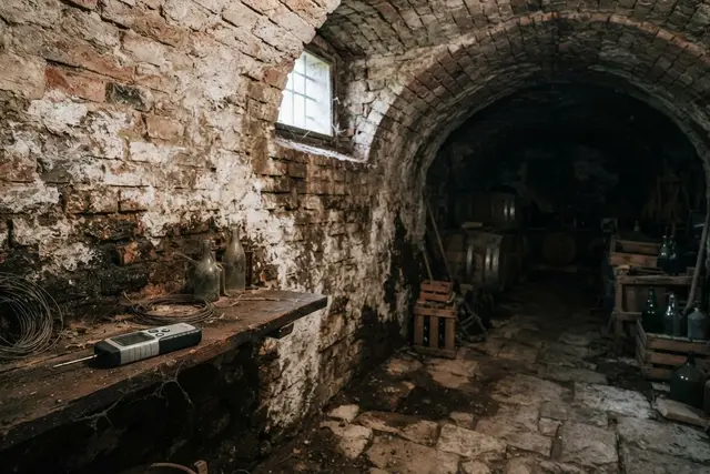 Feuchter Keller: Ziegelgewölbe mit Salzausblühungen und feuchten Stellen in einem Bauernhaus