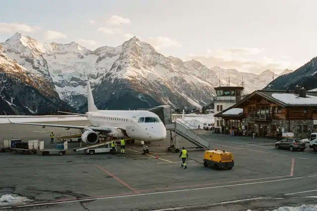 Flugabgabe: Passagierflugzeug auf dem Vorfeld eines österreichischen Regionalflughafens vor Bergkulisse