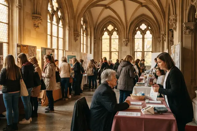 Frauengesundheit Wien: Beratungsstände für Frauen in einer historischen Halle
