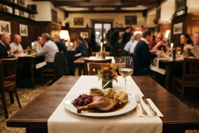 Ganslessen in Wien: Gansl mit Rotkraut und Knödel in einem Wiener Wirtshaus