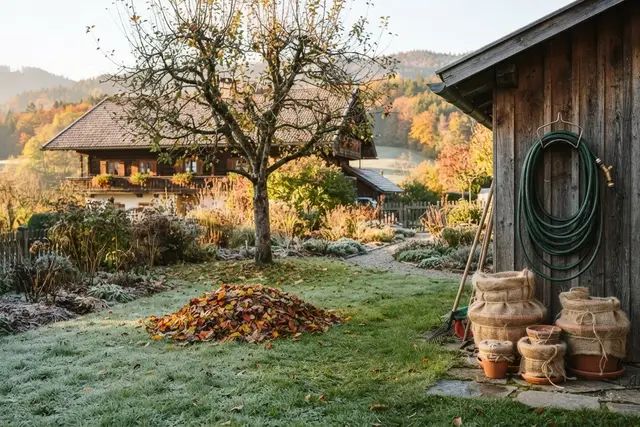 Garten winterfest machen: Herbstgarten mit Laubhaufen, eingepackten Töpfen und Gartenschlauch