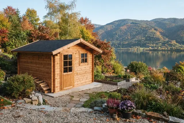 Gartenhaus bauen: Neues Holzgartenhaus auf Fundament in einem Garten in Kärnten