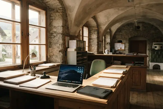 Gemeindeamt mit Laptop und Formularen als Symbolbild zum Gemeindepaket