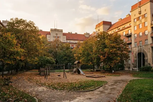 Gemeindewohnung Wien: Innenhof eines historischen Gemeindebaus mit Bäumen im Herbst