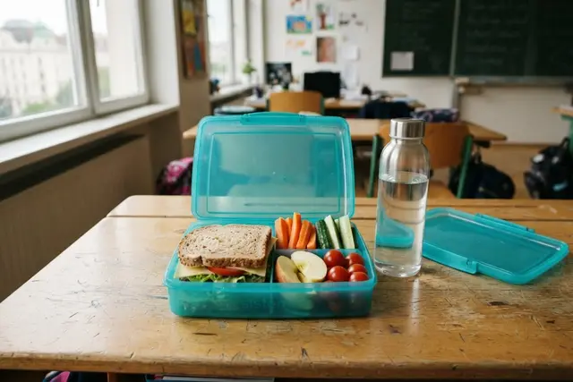 Gesunde Jause: Jausenbox mit Vollkornbrot, Gemüsesticks und Apfel auf einem Schultisch