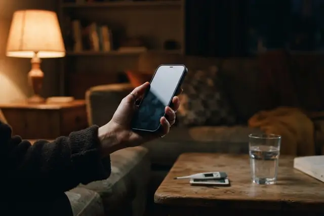 Gesundheitshotline 1450: Person greift nachts zum Telefon, Fieberthermometer am Tisch