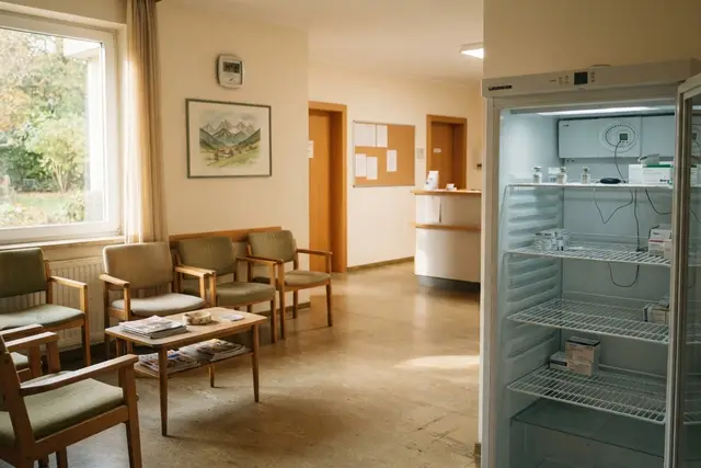 Grippeimpfung: fast leerer Impfstoff-Kühlschrank in einer Arztordination in Niederösterreich