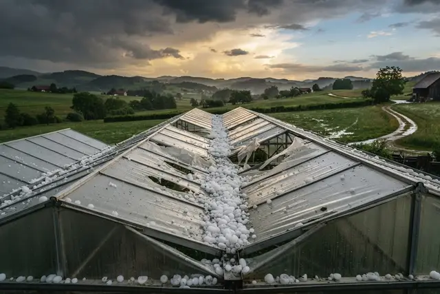Hagel und Unwetter: Hagelkörner auf beschädigtem Glashaus in der Weststeiermark
