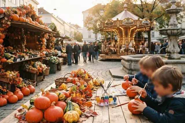 Halloween in Wien: Bemalte Kürbisse an einem Marktstand am Schlingermarkt