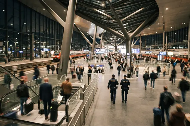 Hauptbahnhof Wien: Bahnhofshalle am Abend mit Polizeistreife im Hintergrund