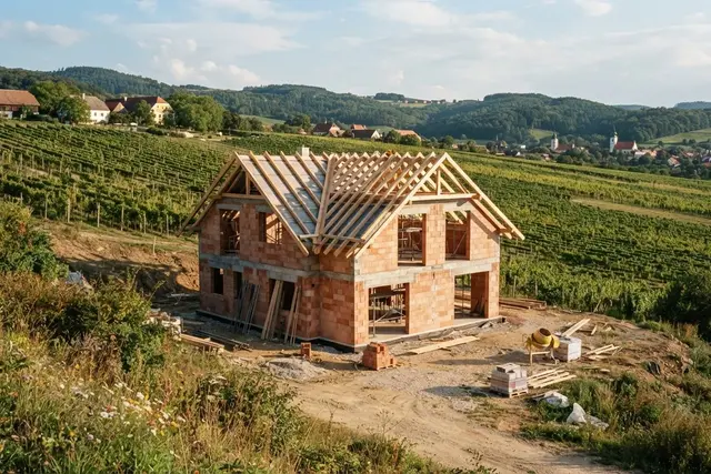 Haus bauen in Niederösterreich: Rohbau eines Einfamilienhauses vor Weingärten