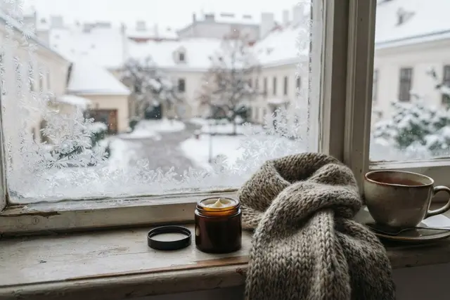 Hautpflege im Winter: Cremetiegel und Wollschal am frostigen Fensterbrett
