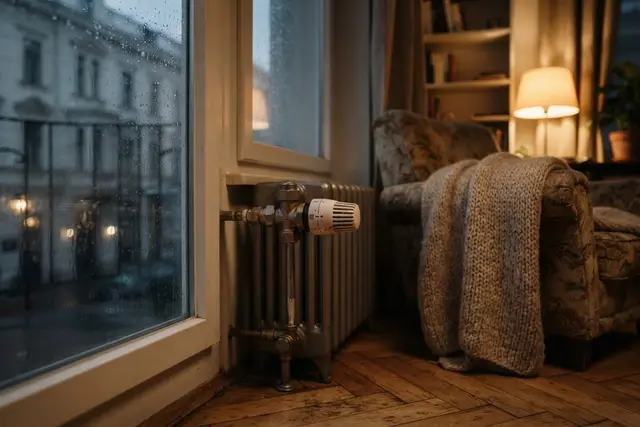 Heizkosten sparen: Thermostatventil am Heizkörper in einem gemütlichen Wohnzimmer