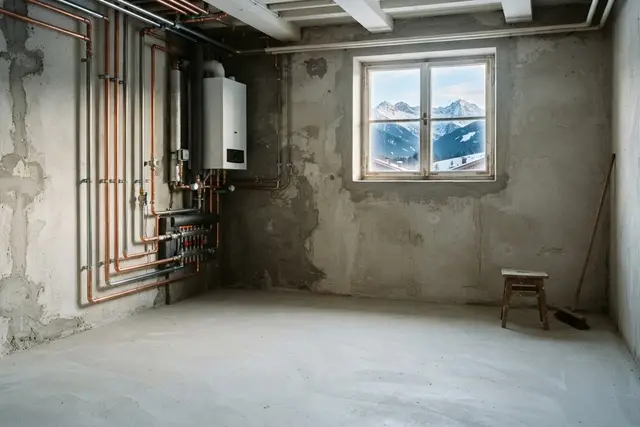 Heizungstausch: Leerer Kellerraum nach Ausbau des Öltanks in einem Tiroler Haus