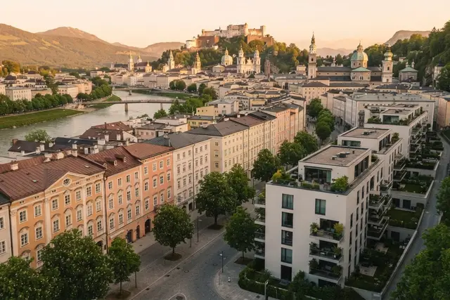 Immobilienpreise Österreich: Wohnhäuser und Altbauten in einer Landeshauptstadt bei Abendlicht