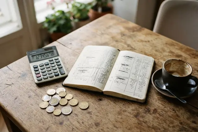 Inflation berechnen: Taschenrechner, Münzen und Haushaltsbuch auf einem Küchentisch