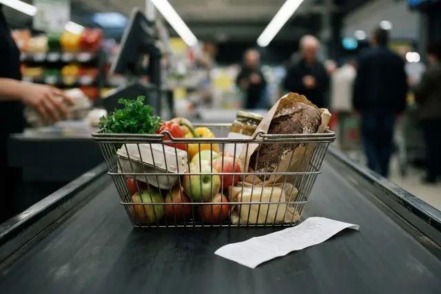 Inflation Österreich: Einkaufskorb an der Supermarktkassa als Symbol für steigende Preise